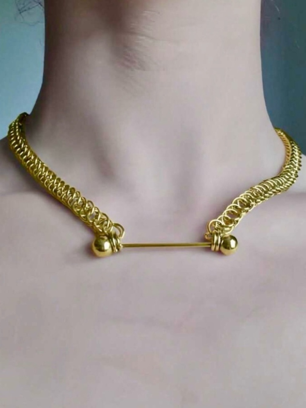 Stainless Steel Gold Barbell Necklace Statement Chunky Tarnish Free